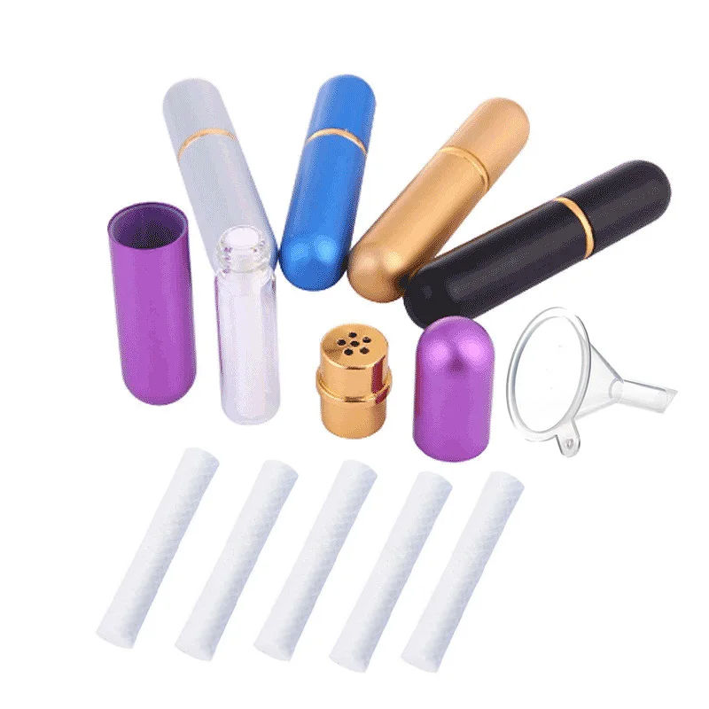 

Пустые алюминиевые НАЗАЛЬНЫЕ ингаляторы для эфирных масел, 5 шт., пустые алюминиевые ингаляторы для ароматерапии, сменные хлопковые фитили, ингаляторы