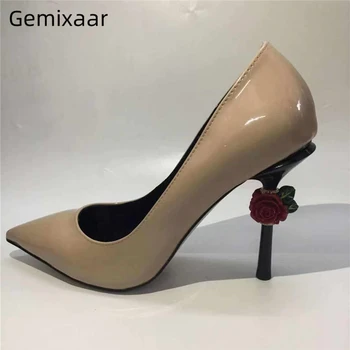 

Carved Rose Flower Heel Dress Shoes Woman Bright Genuine Leather Pointed Toe Slim Party Shoes Strange Heel Pumps Women