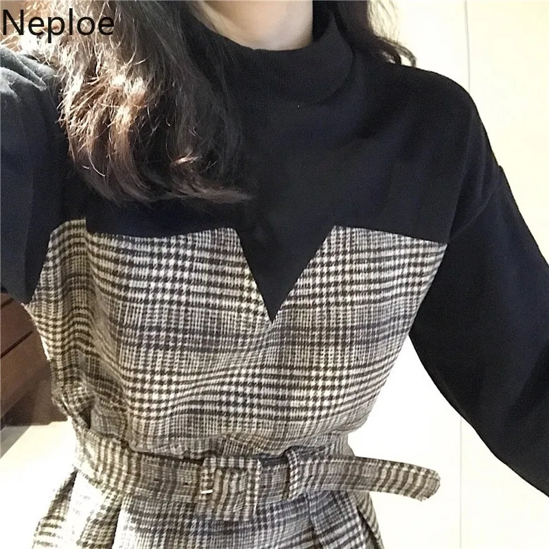 Neploe женские толстовки с капюшоном, тонкая талия, на шнуровке, клетчатый свитер с длинным рукавом, шерстяной дизайнерский пуловер, водолазка, Женский Топ 47847