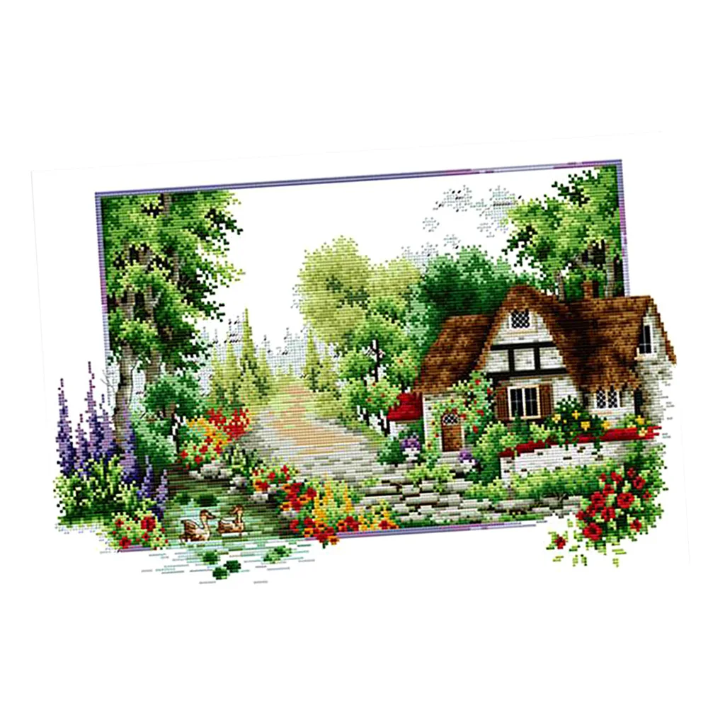 Full Range of Embroidery Starter Kits Stamped Cross Stitch Kits Beginners for DIY Embroidery (Garden House Pattern Designs)