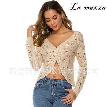 

New Arrival 2019 Winter Sexy Hollow Out Print Women Sweaters Criss-cross V-Neck Sweaters