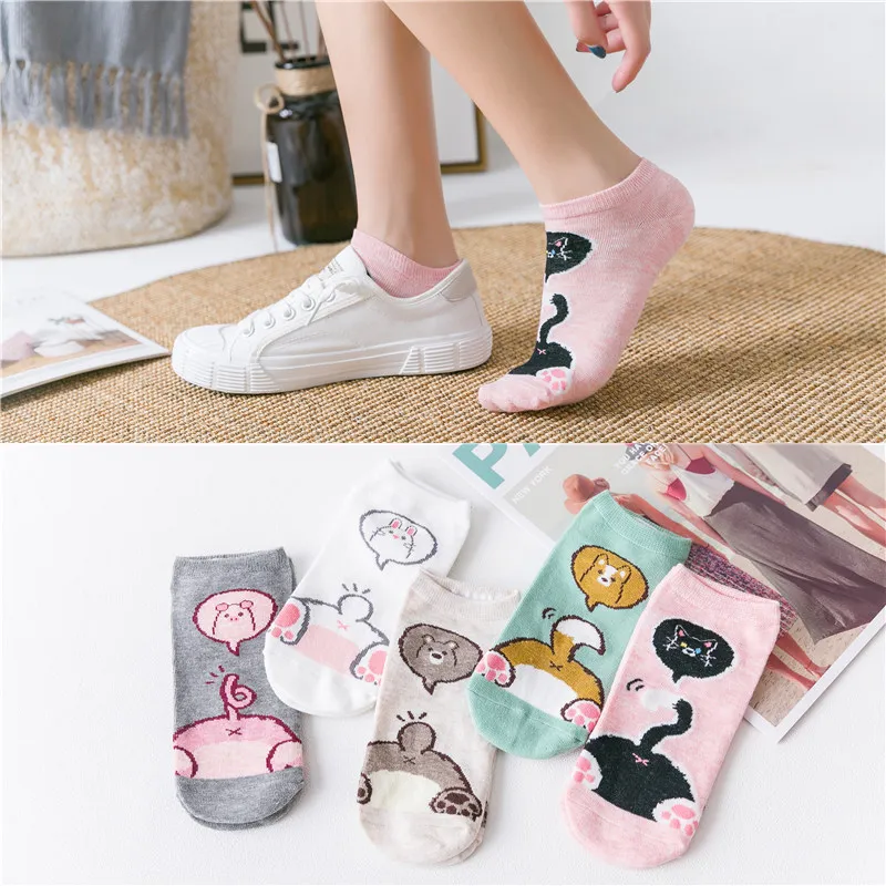 Pet Tail- 5 Pairs 5 пар/партия, женские летне-осенние забавные короткие Носки с рисунком кота, лисы, кролика, милых животных, фруктов, хлопковые невидимые носки, Прямая поставка - Цвет: Pet Tail- 5 Pairs