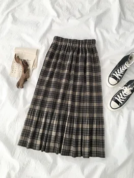 

Autumn Winter Women Woolen Skirts Plaid Mid Skirts 2020 New Casual Loose Ladies Office Skirts Elastic Waist Sashes
