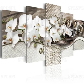 

5 Pieces White Orchids Flower Wall Art Pastel Flora Poster Modern Canvas Painting Pictures for Living Room Girls Room Home Decor