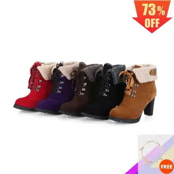 

2020 New Winter Boots High Heel Booties Woman Ladies Boots Snow Ankle Boots Plush Fur Boots Lace Up Winter Shoes Plus Size 35-43