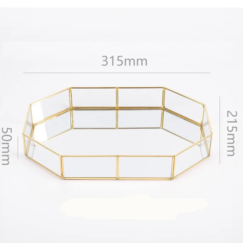 Ретро латунный лоток для хранения Золотой многоугольник стеклянный органайзер для макияжа лоток десертная тарелка для закусок кухонное украшение для дома Ювелирная витрина
