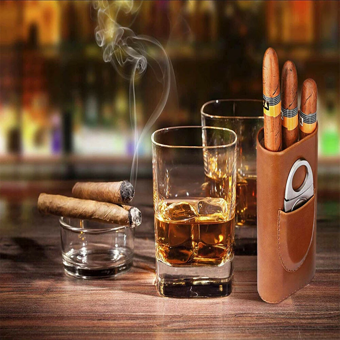 1 Set Humidor Cigar Case Holder Hold Cigars With Cutter New Portable Leather Mini Delicate Travel Kit Humidor Cigar Cutter