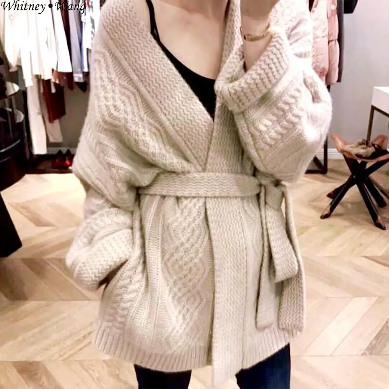 

WHITNEY WANG 2019 Autumn Winter Fashion Streetwear Brief Style Sashes Wool Cardigan Women Sweater Jumper sueter mujer invierno