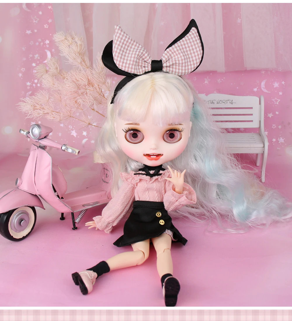 Neo Blythe Doll Pink Black Shirt with Skirt, Socks & Headdress 4