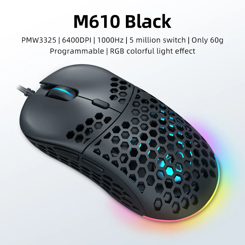 Machenike Gaming Mouse PMW3325 Optical Sensor 60g Light Wired Mice 6400DPI Adjustable Programmable RGB For PC Laptop USB Cable usb wireless mouse Mice