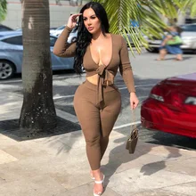 

Two Piece Set Women Brown Autumn Fashion Casual Suit Long Sleeves Deep V Neck Bow Short Top Slim Trousers Elegant Femme Sets