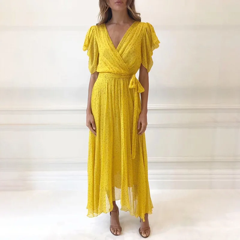 

Female Bohemia Print Bandages Long Dress Women V Neck Short Sleeve High Waist Dresses