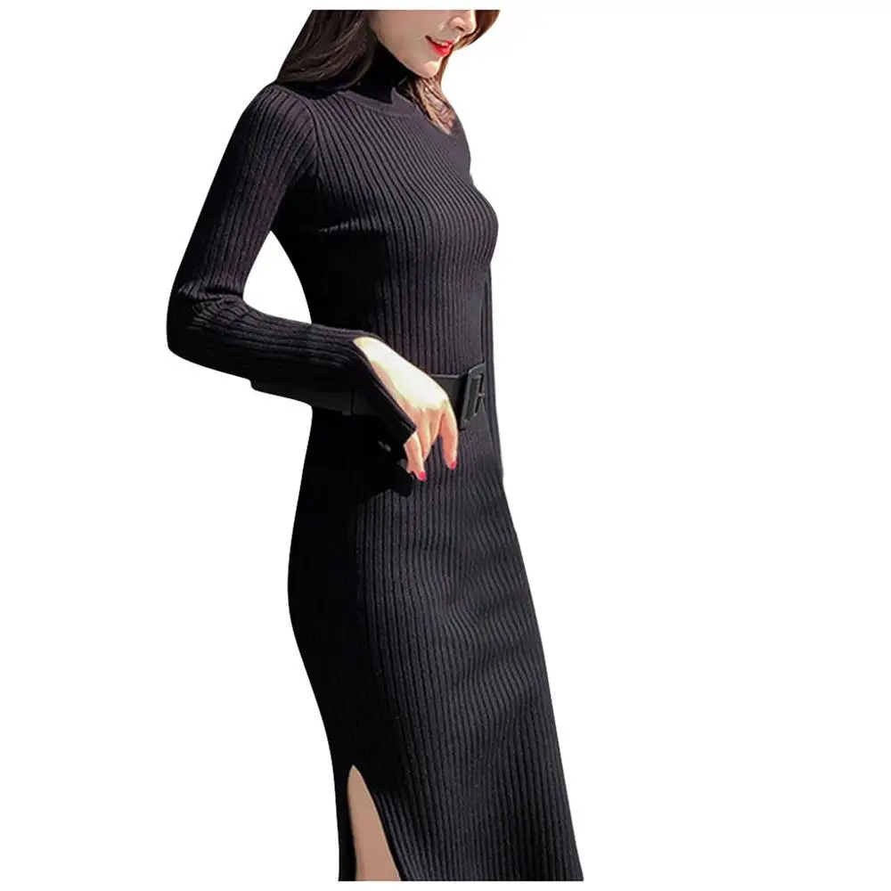 Халат, женское длинное вязаное платье-свитер, повседневный однотонный свободный элегантный пуловер с длинным рукавом, длинное платье с поясом Vestidos - Цвет: Черный