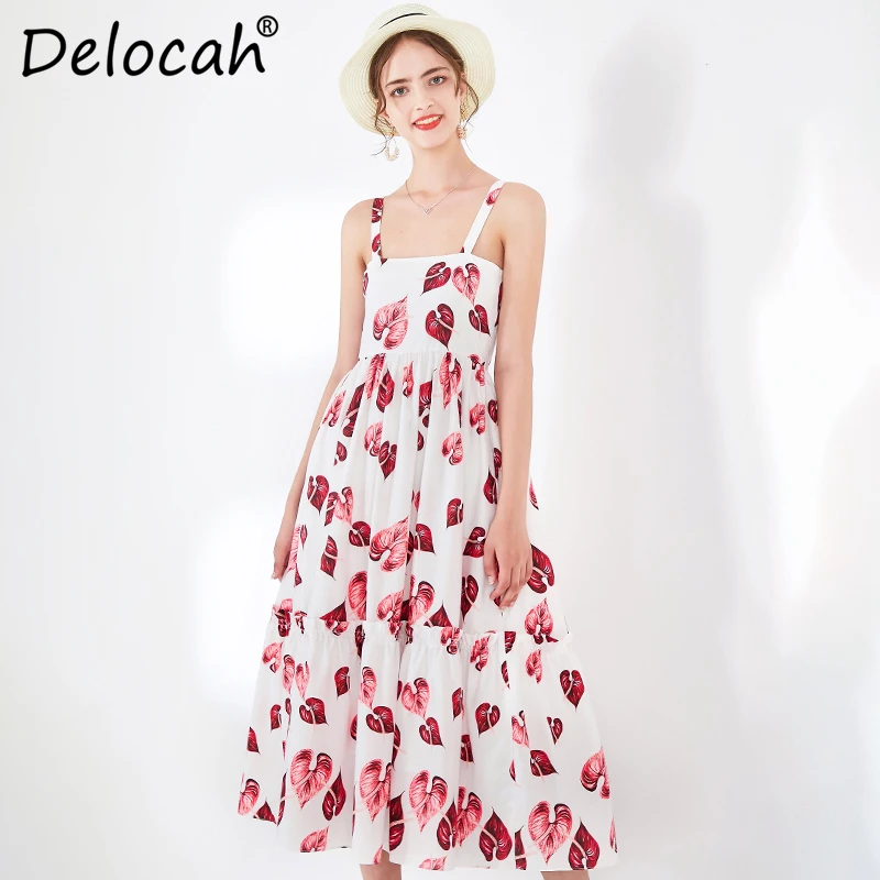 Delocah, женское платье, весна-лето, подиумное, модное, дизайнерское, сексуальное, на бретельках, с рисунком листвы, элегантное, Пляжное, праздничное платье