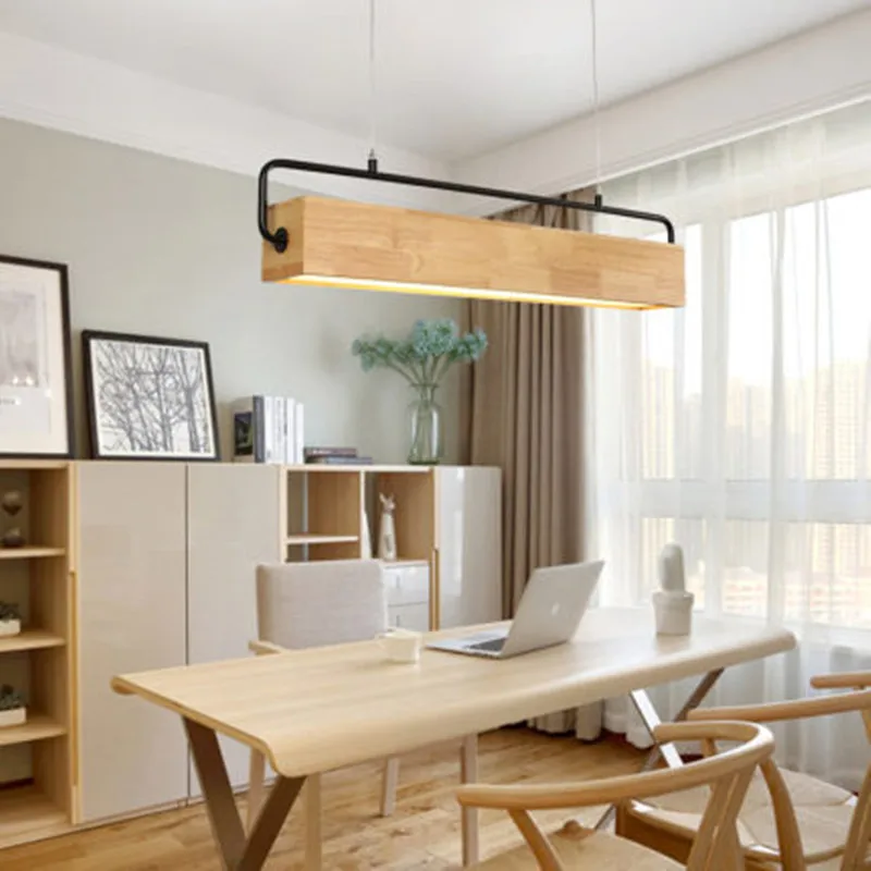 

Modern Adjustable LED Pendant Lights With Wood Frame For Dining Room Wooden Rectangle Hanglamp Modern Suspension Light