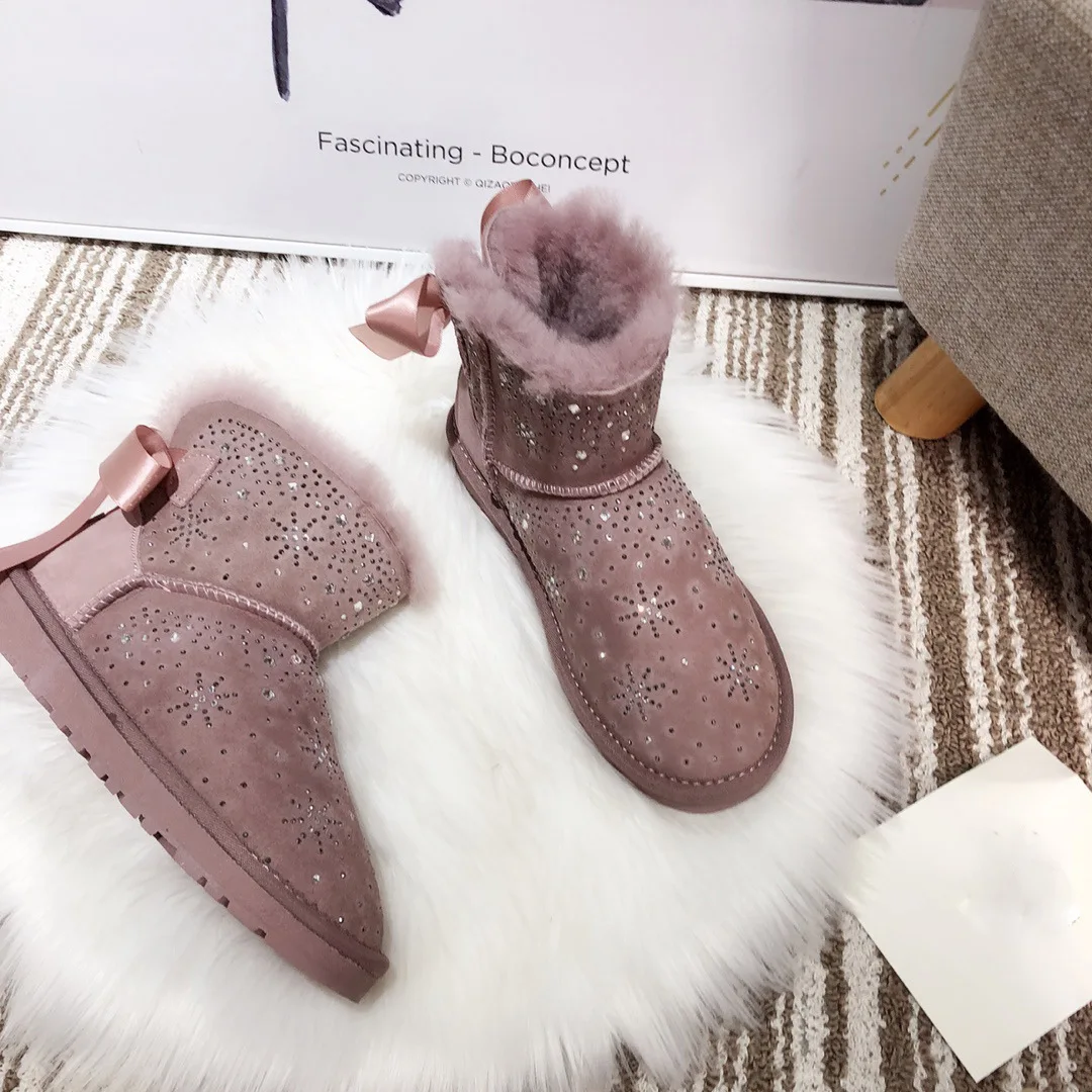 Blinging/; красивые женские зимние ботинки из натуральной овечьей кожи с бантом; женские ботинки на натуральном меху; теплые зимние ботинки с шерстью