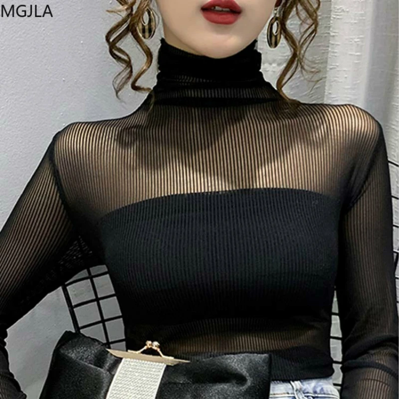 

Large Size 2020 Autumn/winter New Half High Collar Mesh Bottoming Shirt Slim Stripe Bright Silk Sexy Small Shirt Woman Tshirts