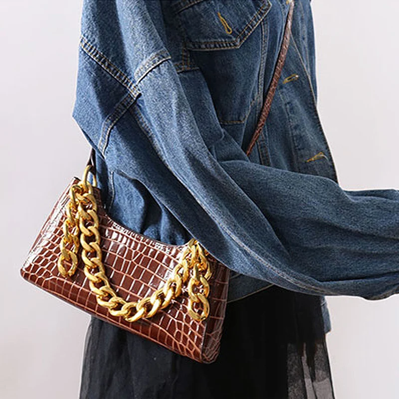 

Crocodile Pattern Women Bag 2020 New Fashion Trend Baguette Shoulder Bag Thick Chain Underarm Bag Luxury Genuine Leather Handbag