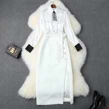 Европейский эксклюзивный осенний модный костюм из органической кожи корейская однотонная длинная юбка с длинными рукавами и бусинами для ногтей Женский комплект 2 шт