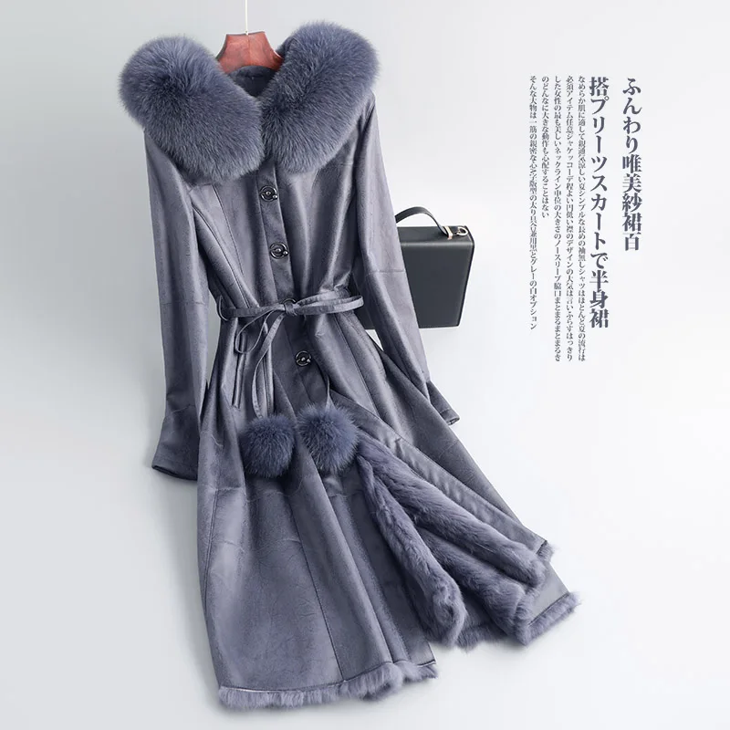 Blue Шуба из натурального кролика Женская длинная винтажная шуба из натурального Лисьего меха с капюшоном Женская Корейская Двусторонняя шуба Топы 093014 - Цвет: Blue