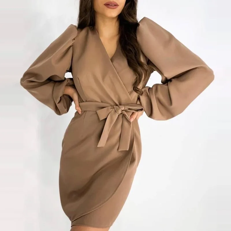 Dabourfeel 2021 New Style Fashion Puff Sleeves Dress For Women Elegant Solid Casual Office Lady Belt Robe Natural Factors | Женская