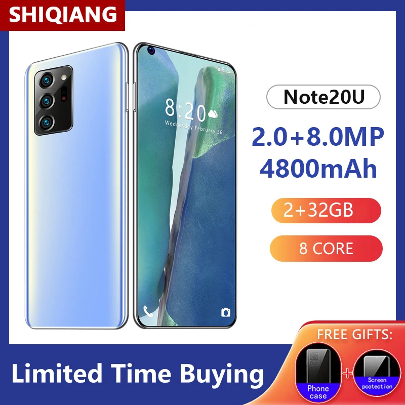 Note20U 6.8Inch Mobile Phone 4800mAh 2+32GB Cell Phone Octa Core 2MP+8MP Cellular Phone Face Unlocked Global Version Smartphones