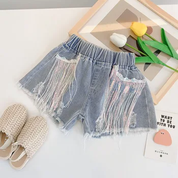 

Summer girls hot shorts baby mini jeans kids denim shorts children bottoms streetwear fashion ripped sequin tassel 1 to 6 yrs