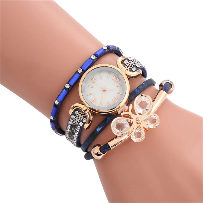 Модные и повседневные женские кожаные Стразы, аналоговые кварцевые наручные часы, часы-браслет, подарок для женщин - Цвет: Синий