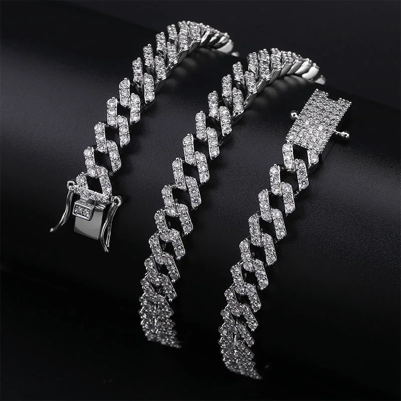 Hip Hop Full Iced Out Zircon Paved Rhinestones 10MM Miami Curb Cuban Chain Bling Rapper Bracelet Necklaces For Men Jewelry