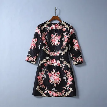 

Vintage Retro Dress 2019 Autumn Style Women Diamond Beading Flower Patterns 3/4 Sleeve Slim Fitted Party Black Dress Above Knee