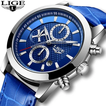 

2020 LIGE Fashion Blue Leather Sport Watch Men Waterproof Quartz Clock Mens Watches Top Brand Luxury Men's Business Casual Watch