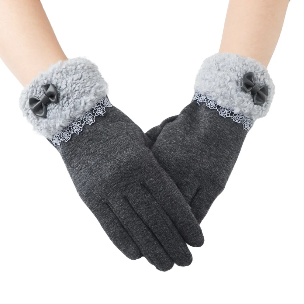 1 пара, модные женские перчатки для сенсорного экрана, с бантом, кружевные, хлопковые, зимние, теплые, для вождения, перчатки, варежки, женские перчатки - Цвет: Grey