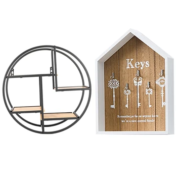 

Creative Home Wall Decor Wooden Key Hook Cargo Storage Box Brown+White & Wall Mounted Iron Shelf Round Rack
