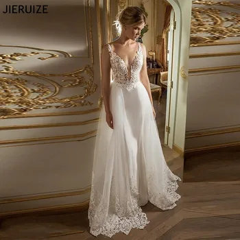 

JIERUIZE Sexy Women Beach Wedding Dresses Deep V Neck Backless Bridal Gowns Lace Appliques With Detachable Train robe de mariee