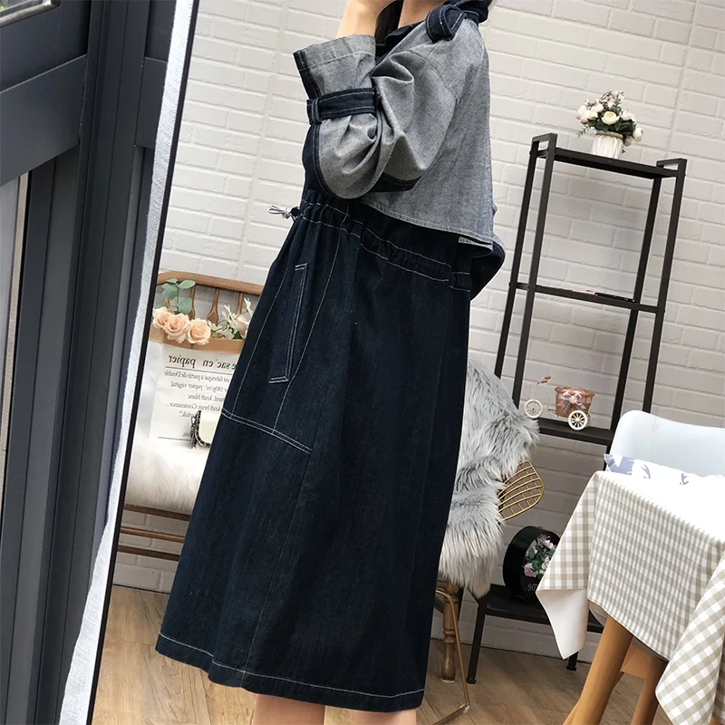 [EWQ] 2020 Spring Autumn New Patchwork Full Sleeve Lapel Collar Office Lady Drawstring Draw Back Women's Denim Trench Coat TX857