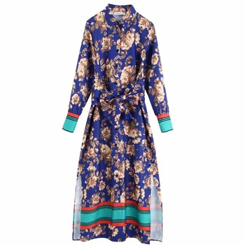 

2019 women vintage floral print casual side split shirtdress female long sleeve bow sashes vestido contrast color dresses DS2980