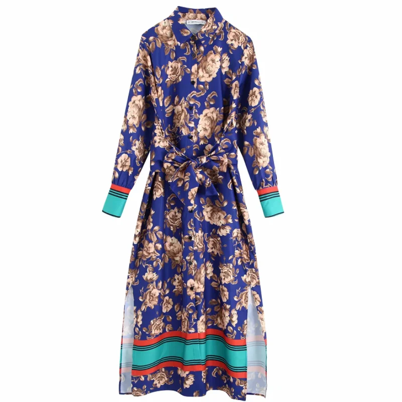 2019 женское винтажное Повседневное платье-рубашка с цветочным принтом и разрезом