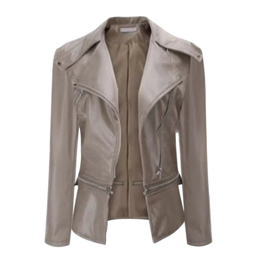 HEFLASHOR/ Женская куртка из искусственной кожи, пальто на молнии с воротником-стойкой, байкерские повседневные топы, женская верхняя одежда для мотоциклистов - Цвет: beige