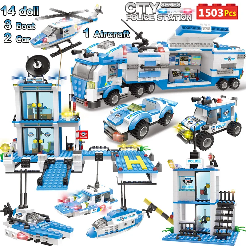 

1503pcs City Police Station Truck Car Building Blocks Compatible Legoed City Police Boat Helicopter Bricks Toys for Children