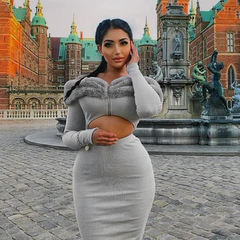 

Ahagaga 2019 Fashion Long Sleeve Slash Neck Two Pieces Sets Women Autumn Winter Hairy Zippers Patchwork Sexy Crop Tops And Midi Ribbed Skirt Matching Set Women Elegant Party Clubwear Suits Vintage Solid Sets Outfits