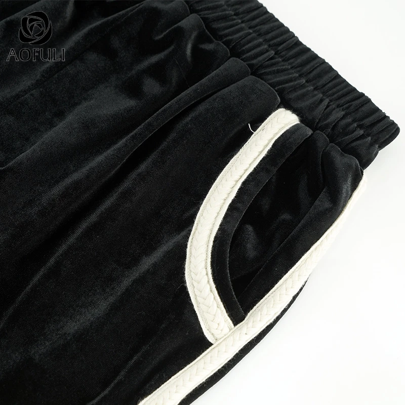 L~ 4XL 5XL полосатый зимний бархатный брючный костюм топы с длинными рукавами и брюки 2 шт. Женский комплект размера плюс велюровый наряд AOFULI A4144