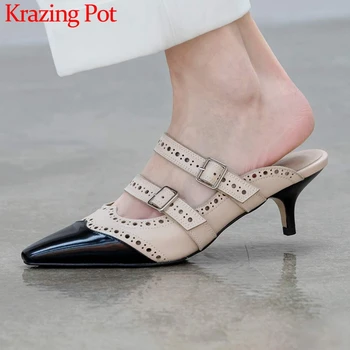 

Krazing pot genuine leather small square toe high heel slip on mules mixed color carving buckle decorations women sandals L57