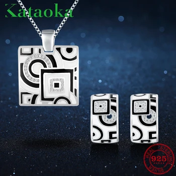 

Luxury charm Black and white Enamel geometric Studs Earring and Necklace Clear Cubic zirconia Fashion Valentine's Day