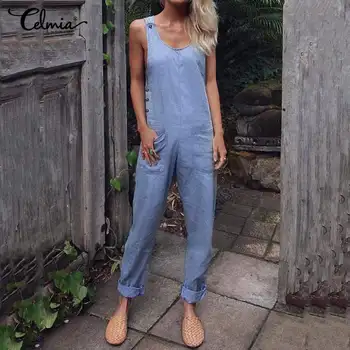 

Celmia Stylish Summer Women Playsuits Vintage Solid Button Long Jumpsuit Casual Loose Romper Sleeveless Plus Size Overalls S-5XL