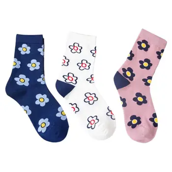

2020 3 Pairs Korean Women Girls Sweet Crew Socks Vintage Cartoon Floral Print Hosiery