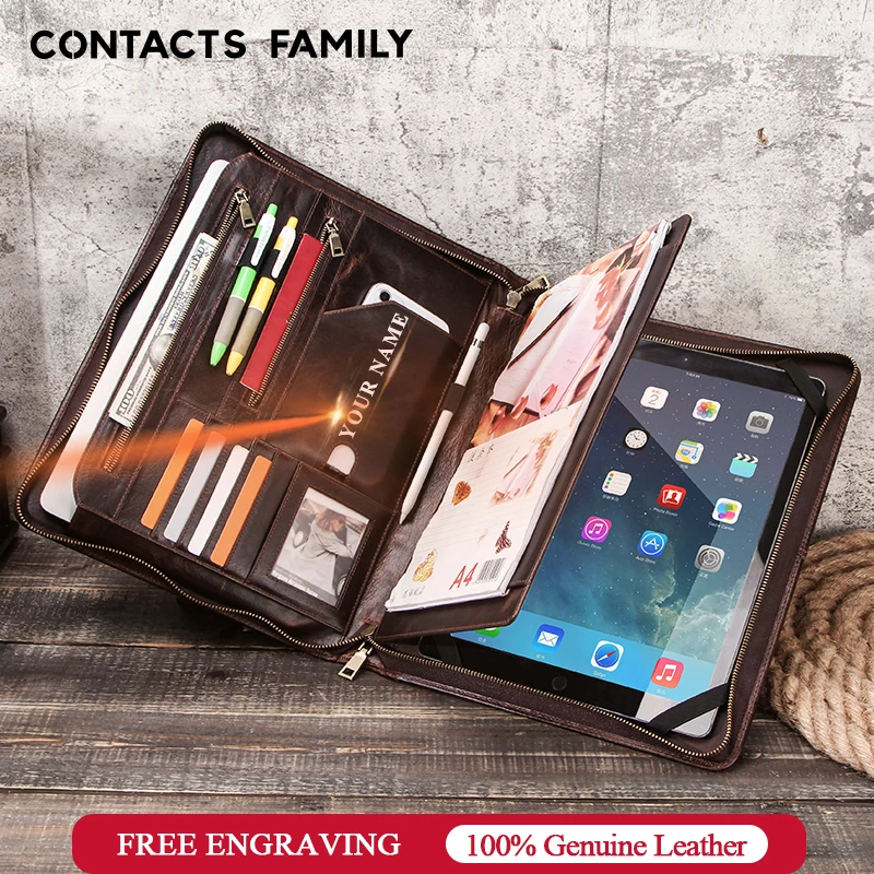 CONTACT'S FAMILY Retro Padfolio Cow Leather Case for iPad Pro 12.9" 2020 Journal Document A4 Portfolio bag For 13.3” Macbook Air