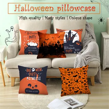 

18x18 inches Pillow Case Burlap Cushion Cover Retro Happy Halloween Decoration Orange Witch Hat Pumpkin Bat Pillow COVER 730