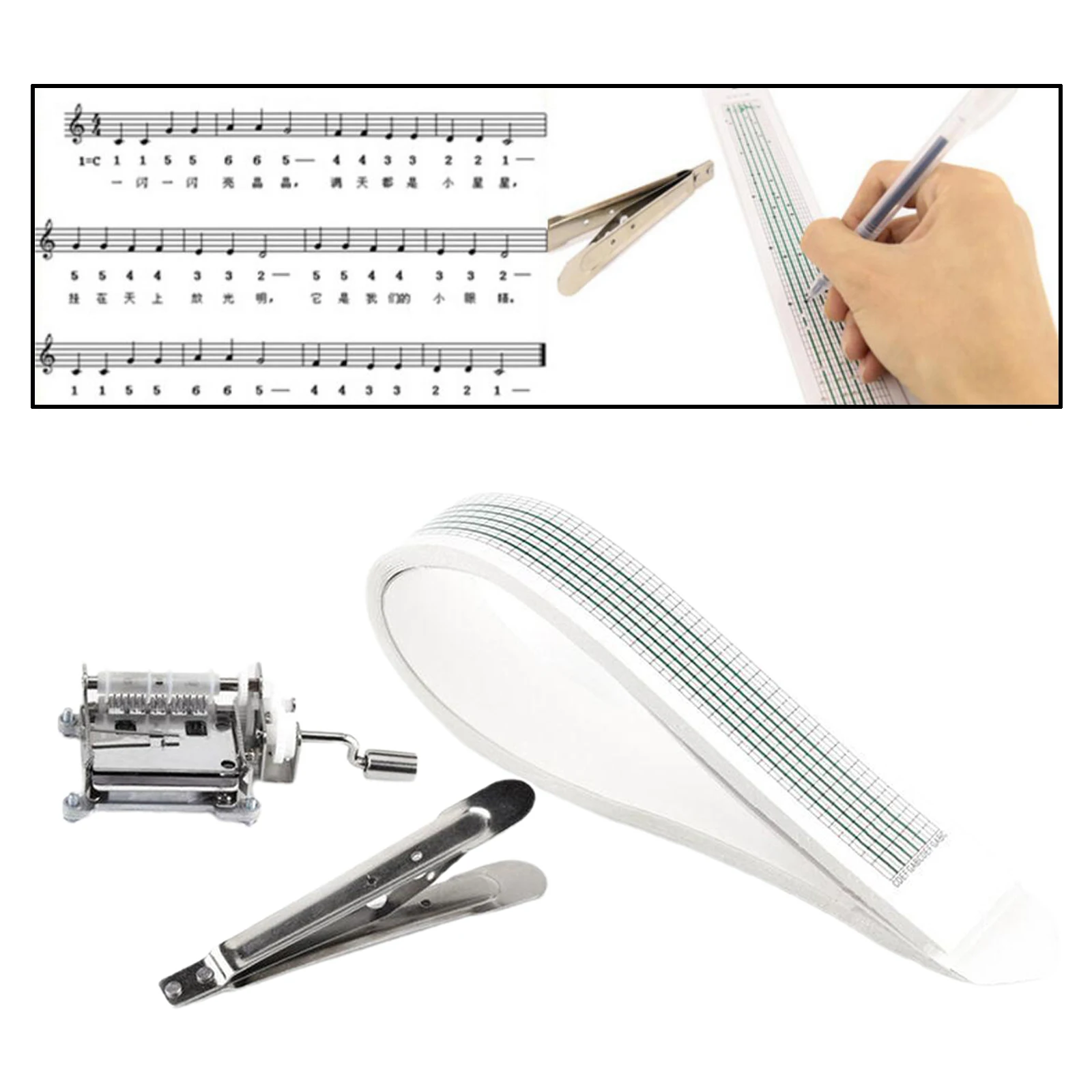 DIY Tune Hand Crank Music Box Movement 15 Note + Hole Puncher + 20 Paper Tapes