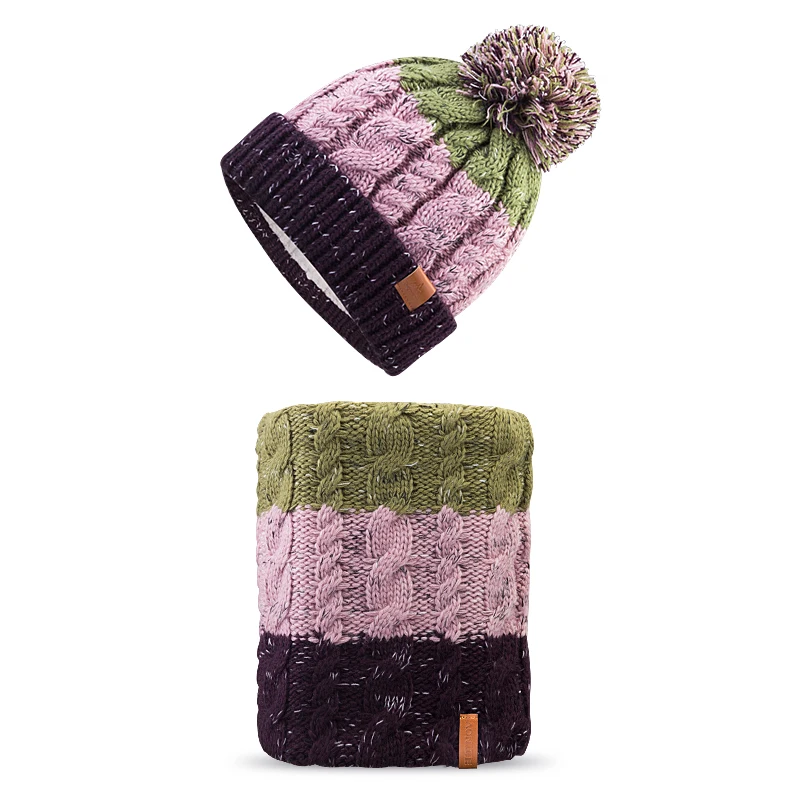 Pink Hat and Scarf AONJIE M29 для взрослых и детей, толстая зимняя вязаная шапка с флисовой подкладкой, шапка с манжетой, шапка с черепом, шарф с круговой петлей для катания на лыжах, кемпинга - Цвет: Pink Hat and Scarf