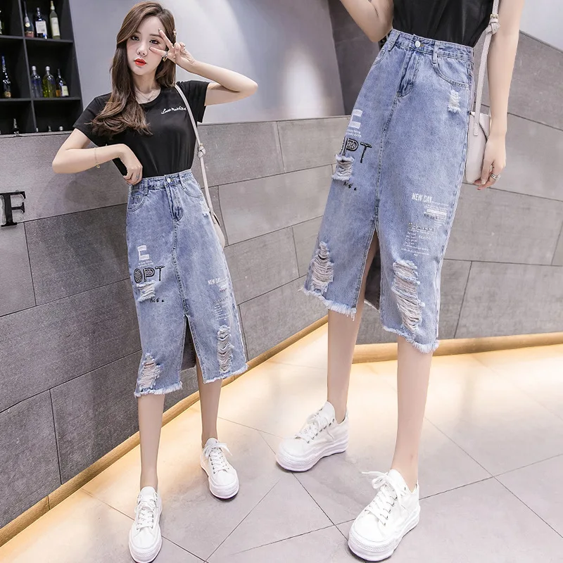 

Mid-length High-waisted Slit Denim Skirt Women's 2019 Spring And Summer Korean-style Slimming Versatile A- line One-step Skirt